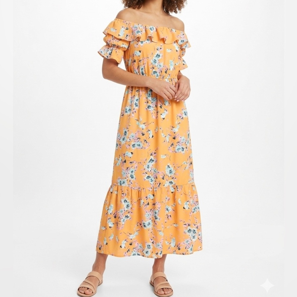 Vero Moda Marigold Yellow Floral Off Shoulder Ruffle Maxi Dress Large - Picture 2 of 13